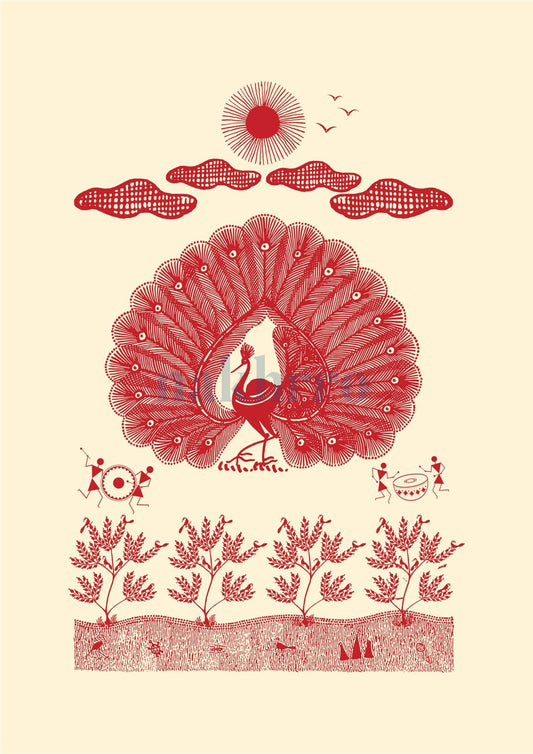 Peacock Beneath the Tree of Life — Warli museum-grade art print