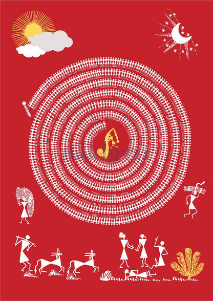 Red Festival Circle — Warli museum-grade art print