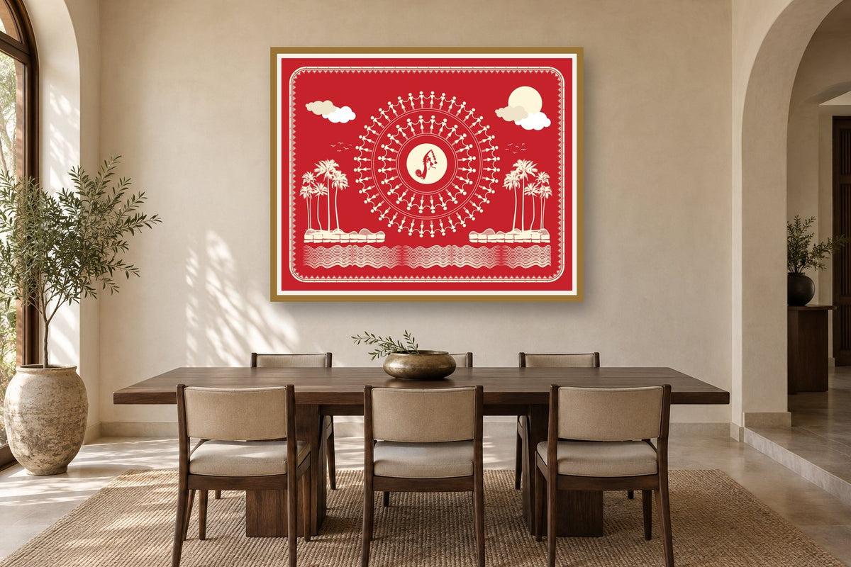 Riverbank Dance Mandala styled in a dining room