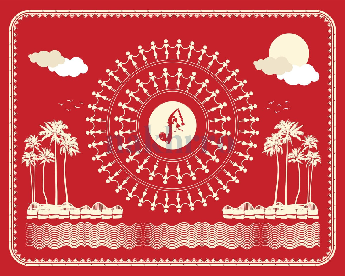 Riverbank Dance Mandala — Warli museum-grade art print