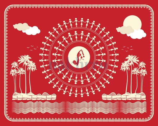 Riverbank Dance Mandala — Warli museum-grade art print
