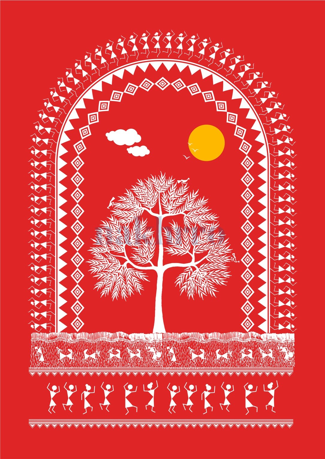 Sacred Tree Arch — Warli museum-grade art print