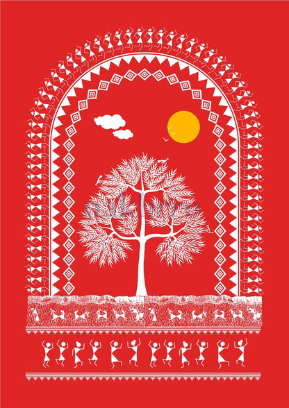 Sacred Tree Arch — Warli museum-grade art print