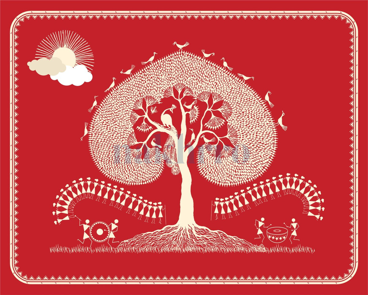 Sacred Tree and Drum Rhythms — Warli museum-grade art print