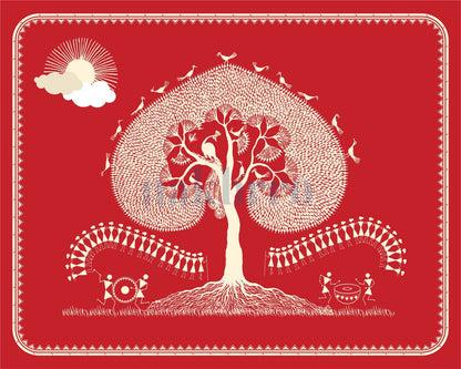 Sacred Tree and Drum Rhythms — Warli museum-grade art print