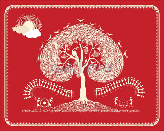 Sacred Tree and Drum Rhythms — Warli museum-grade art print