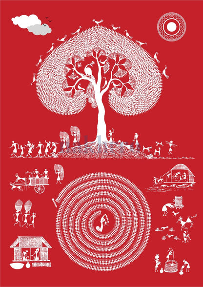 Sacred Tree and Village Mandala — Warli museum-grade art print