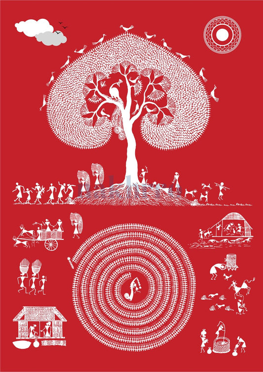 Sacred Tree and Village Mandala — Warli museum-grade art print