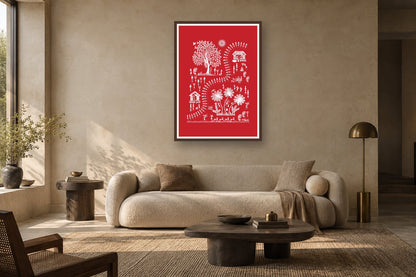 Sunlit Village and Sacred Tree styled in a living room
