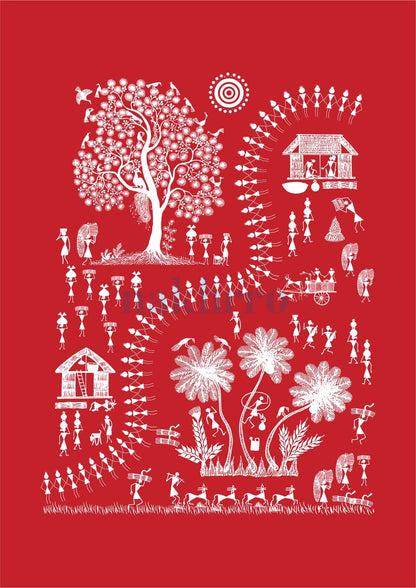 Sunlit Village and Sacred Tree — Warli museum-grade art print