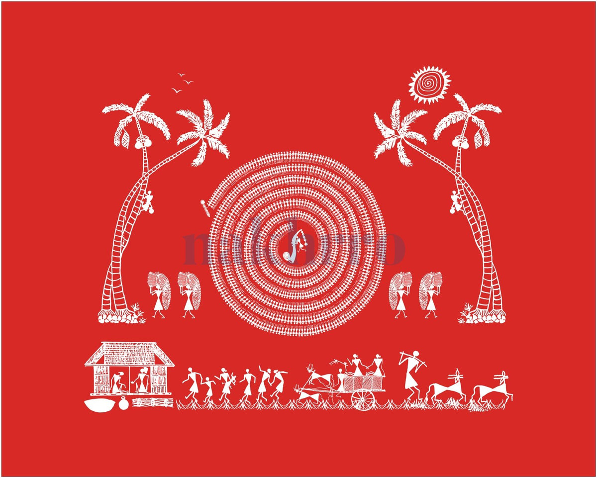 Tarpa Circle and Palm Grove — Warli museum-grade art print