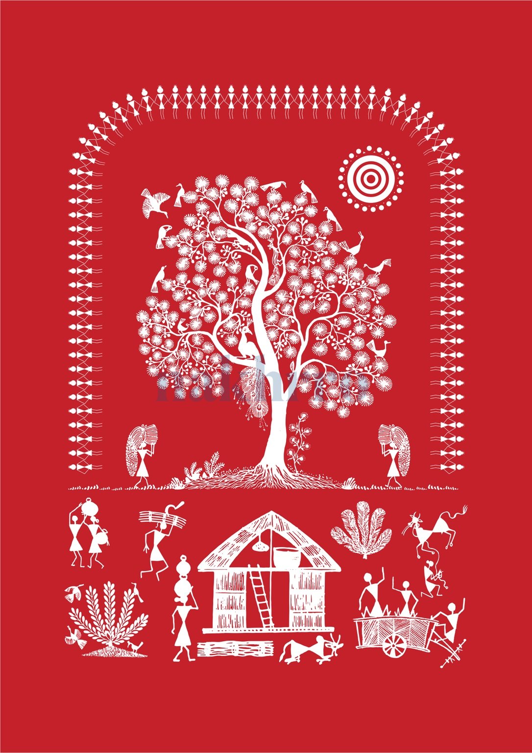 Tree and Courtyard Stories — Warli museum-grade art print