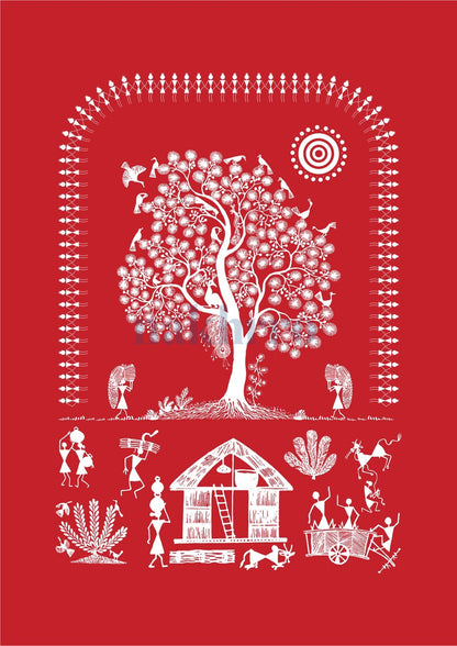 Tree and Courtyard Stories — Warli museum-grade art print