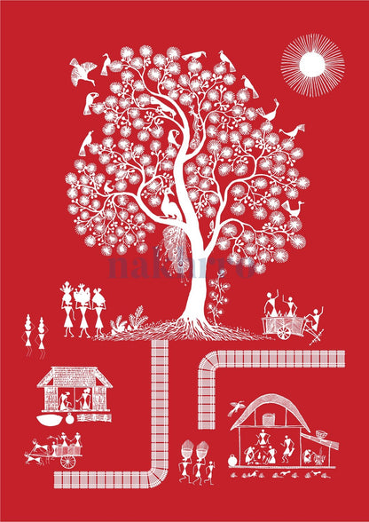 Tree of Birds and Village Pathways — Warli museum-grade art print