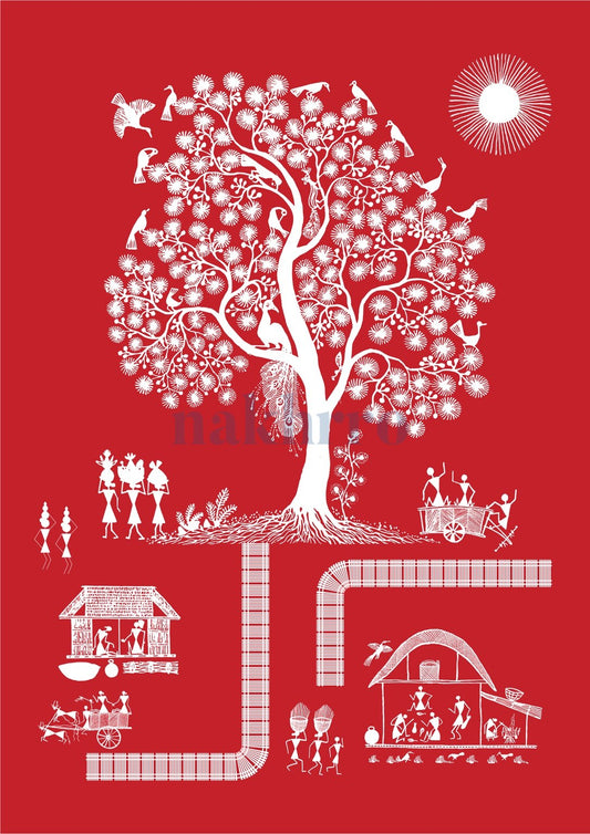 Tree of Birds and Village Pathways — Warli museum-grade art print