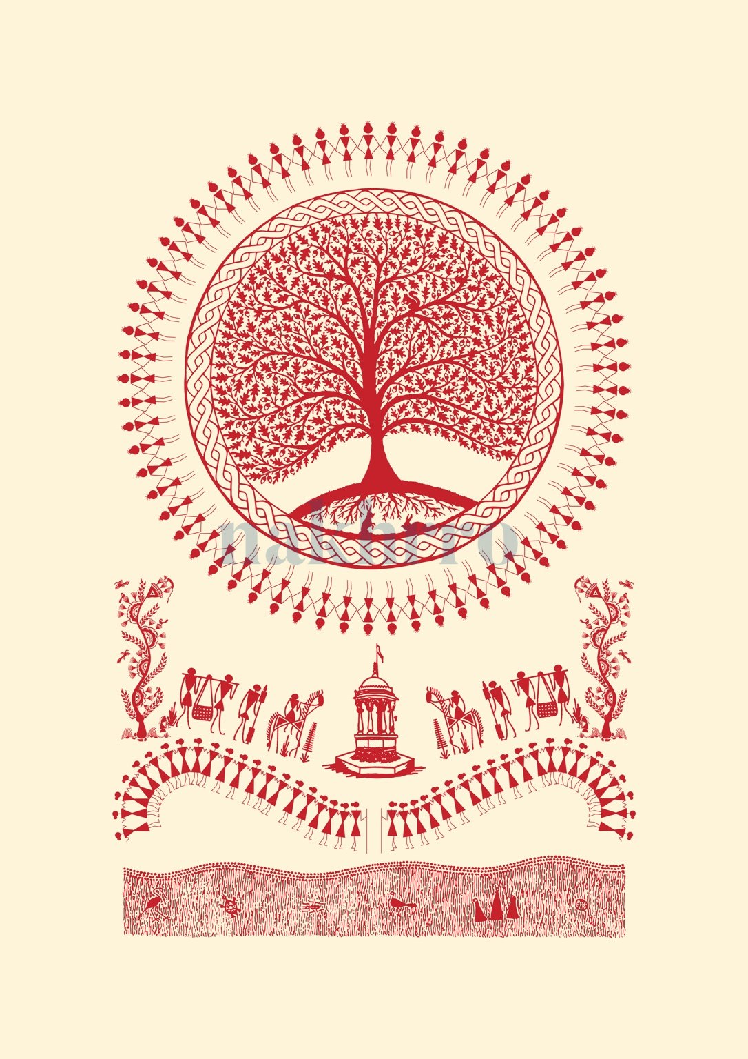 Tree of Life Circle — Warli museum-grade art print