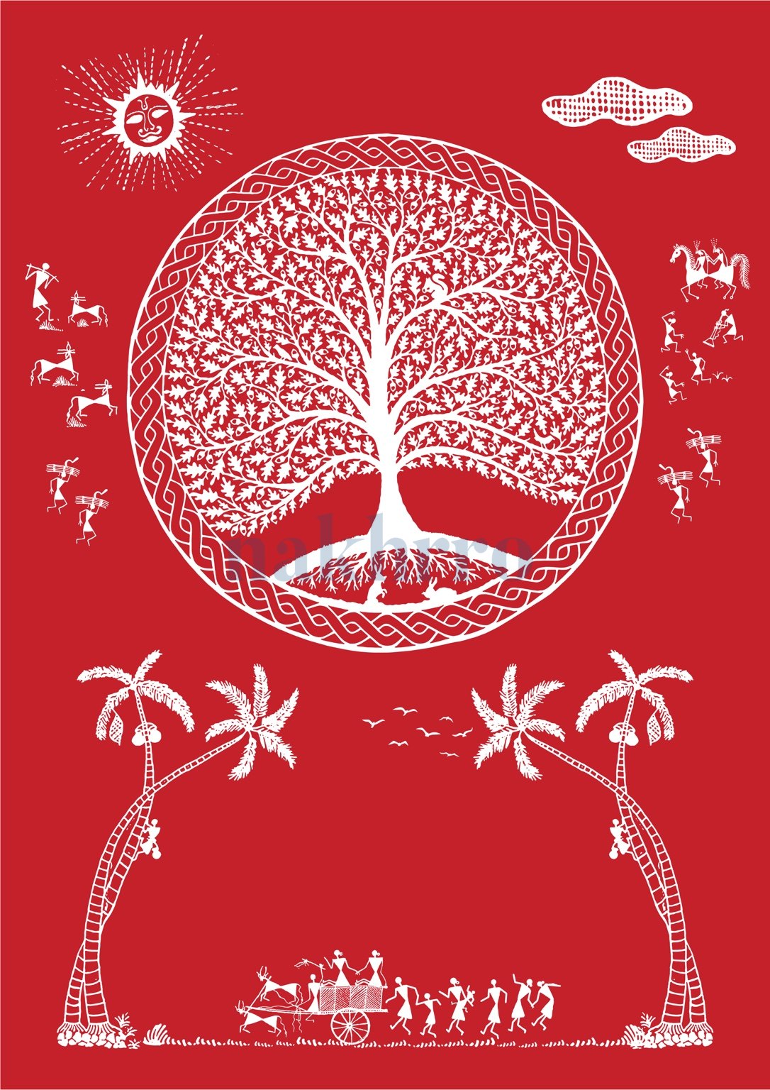 Tree of Life and Village Journey — Warli museum-grade art print