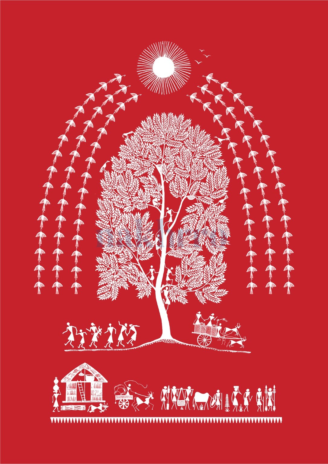 Tree of Life Procession — Warli museum-grade art print