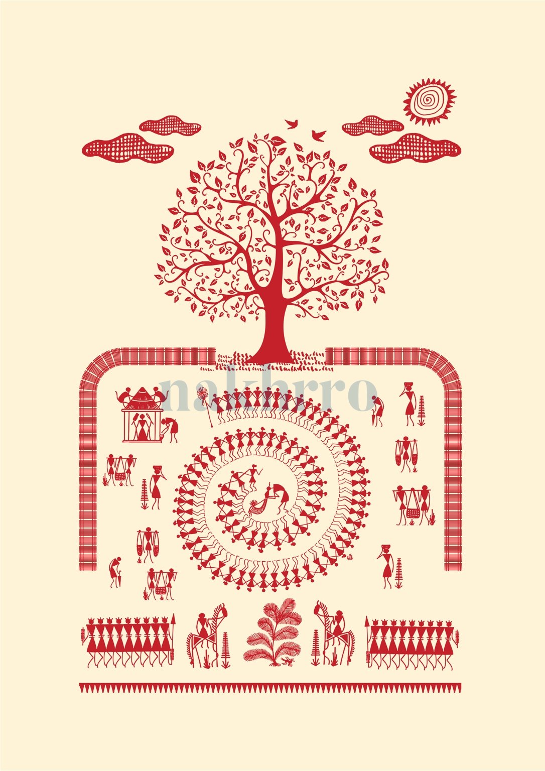 Tree and Spiral Procession — Warli museum-grade art print