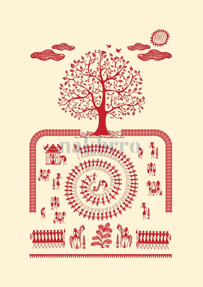 Tree and Spiral Procession — Warli museum-grade art print