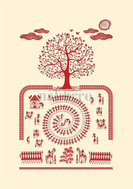 Tree and Spiral Procession — Warli museum-grade art print