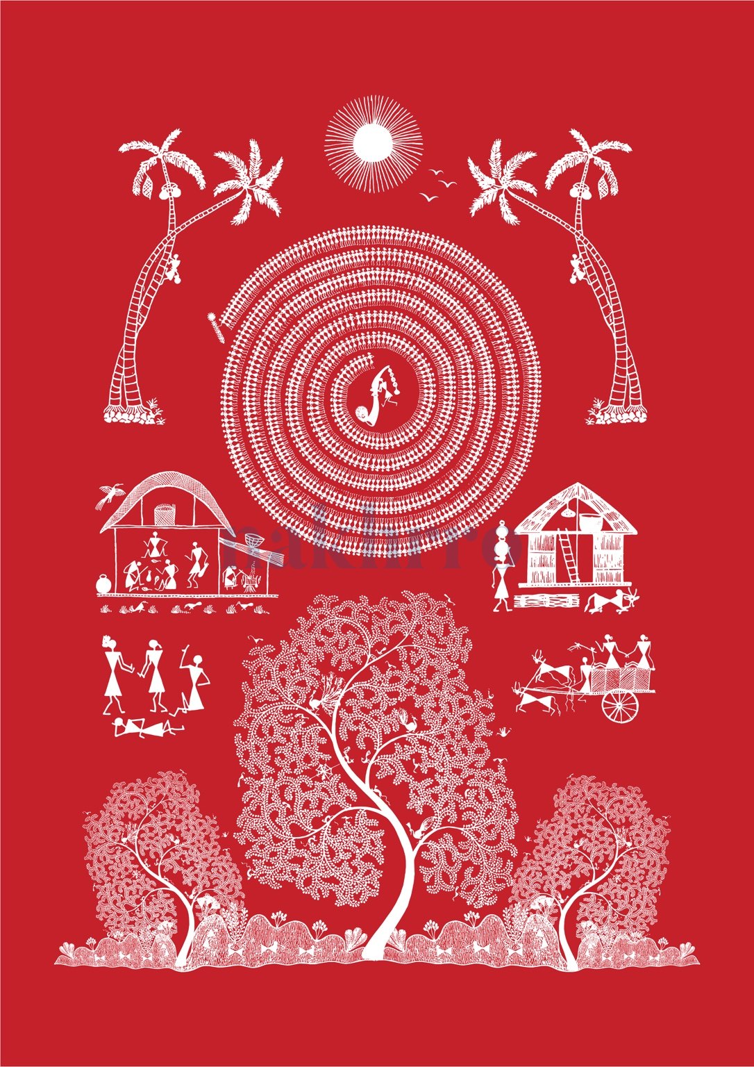 Twin Trees and Dance Spiral — Warli museum-grade art print