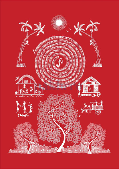 Twin Trees and Dance Spiral — Warli museum-grade art print