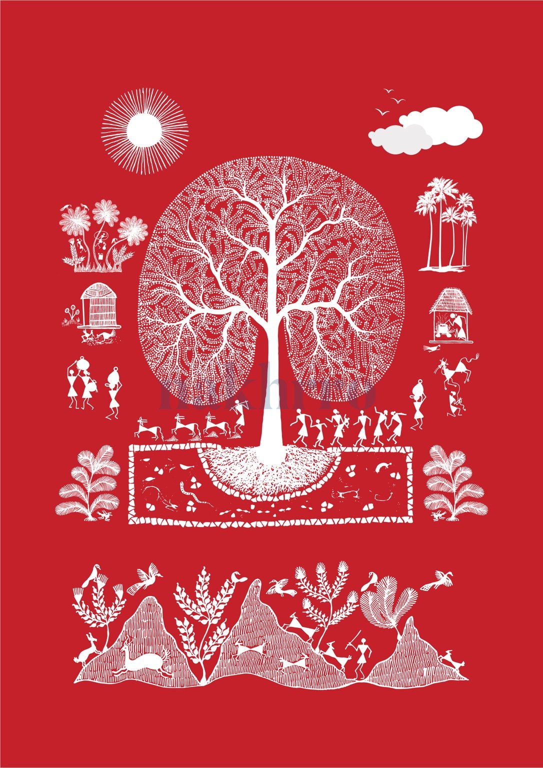 Twin Trees beneath the Sun — Warli museum-grade art print