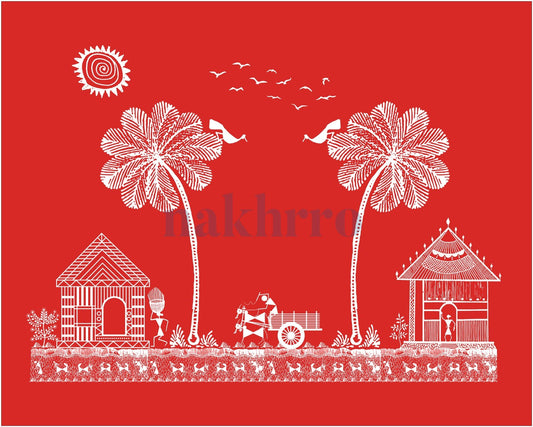 Village between Palms — Warli museum-grade art print