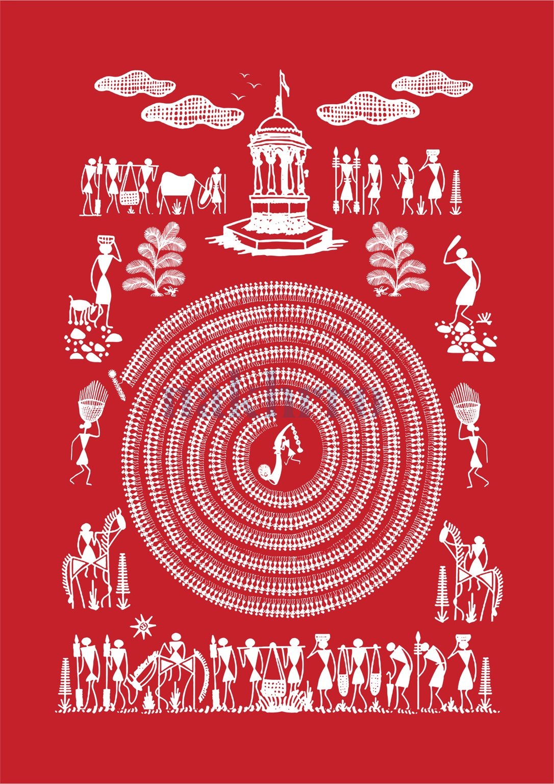 Village Festival Mandala — Warli museum-grade art print