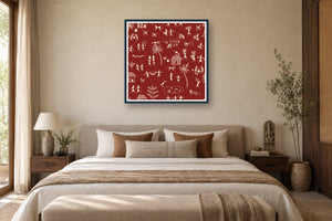 Village Life Tapestry styled in a bedroom
