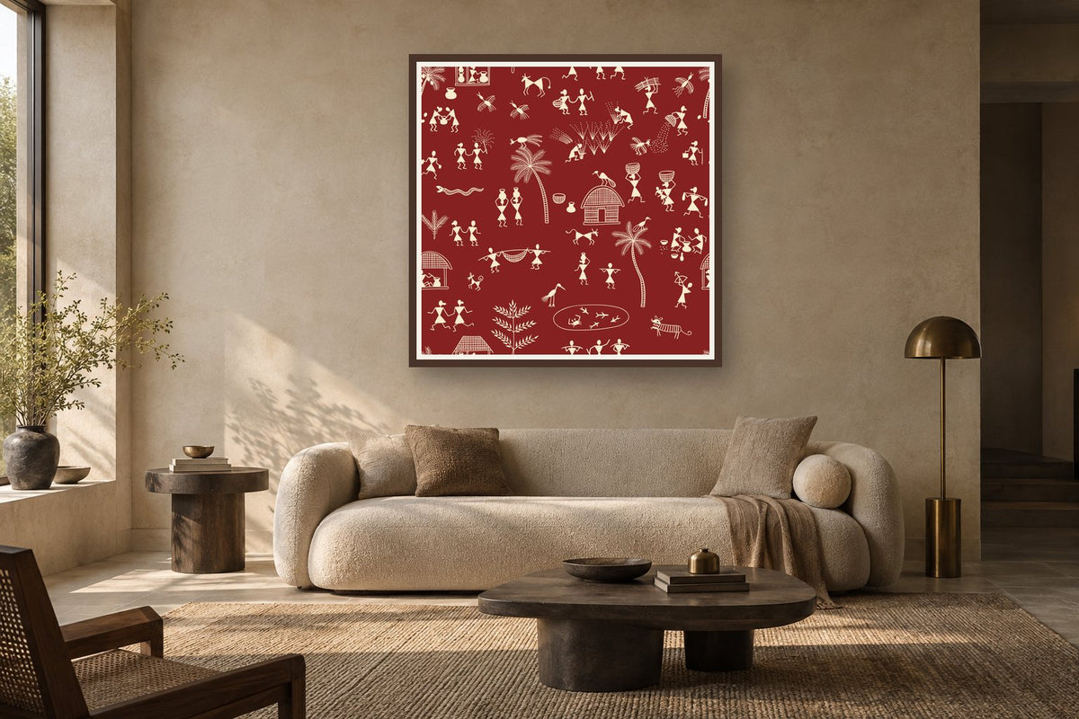 Village Life Tapestry styled in a living room