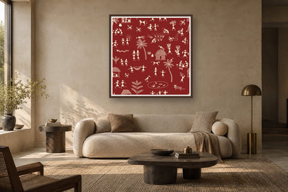Village Life Tapestry styled in a living room