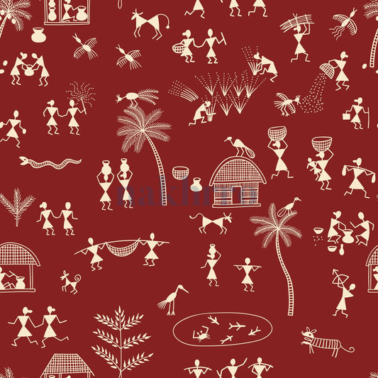 Village Life Tapestry — Warli museum-grade art print