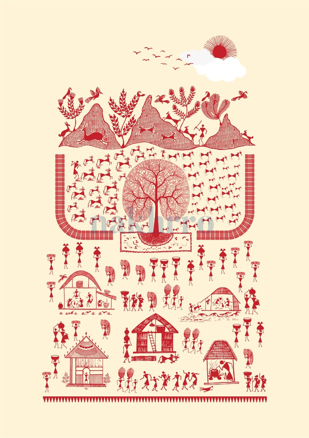Village beneath the Sun — Warli museum-grade art print