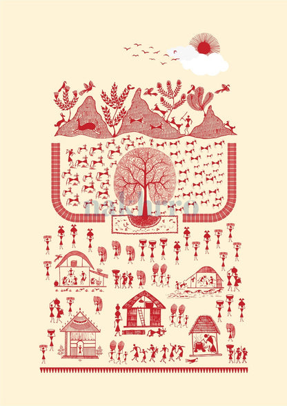 Village beneath the Sun — Warli museum-grade art print