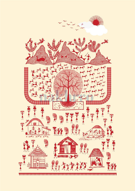 Village beneath the Sun — Warli museum-grade art print