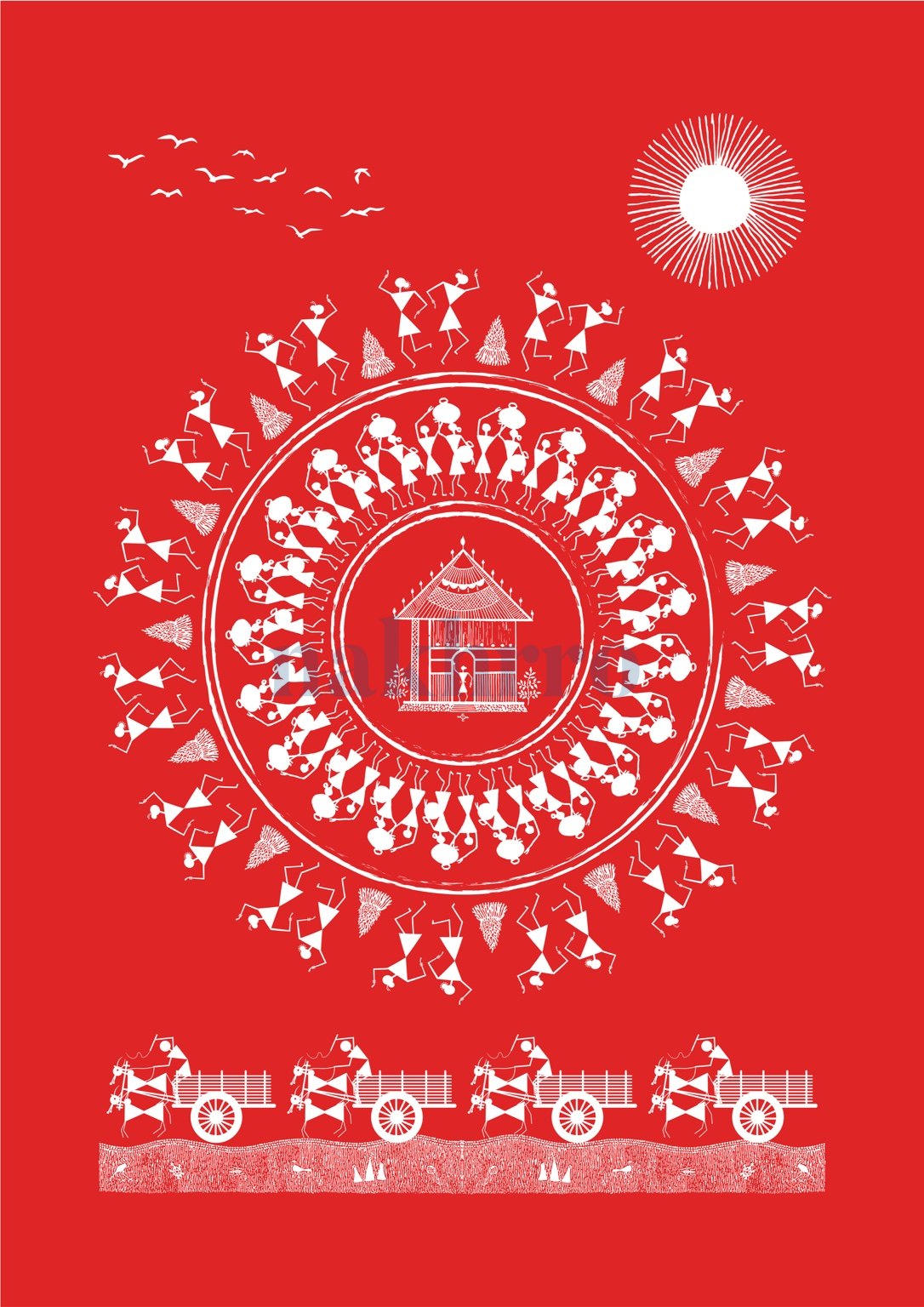 Village Wheel Celebration — Warli museum-grade art print