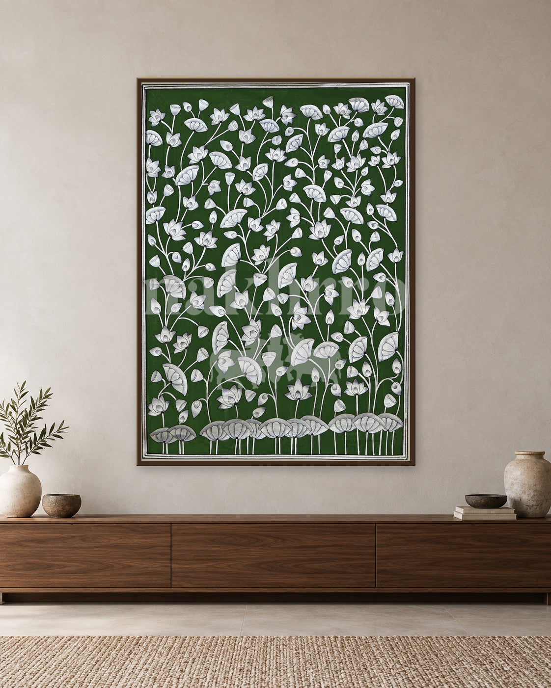 White Lotus Garden on Deep Green — slim-frame room mockup 1 with Nakhrro watermark