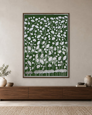 White Lotus Garden on Deep Green — slim-frame room mockup 1 with Nakhrro watermark