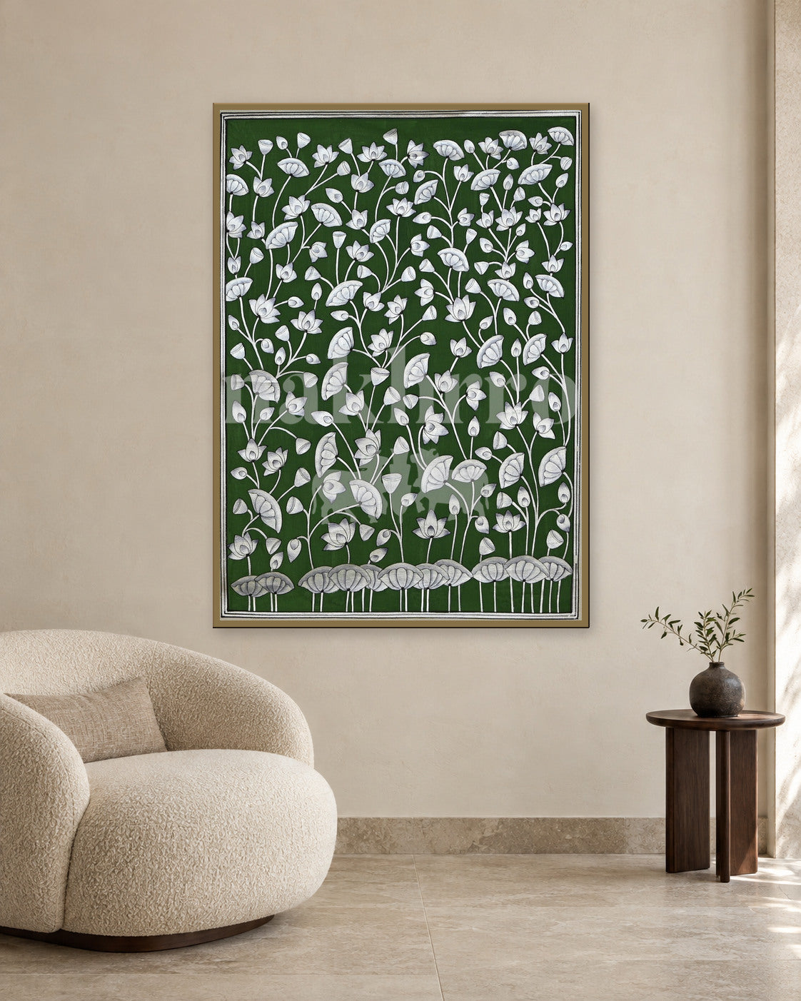 White Lotus Garden on Deep Green — slim-frame room mockup 2 with Nakhrro watermark
