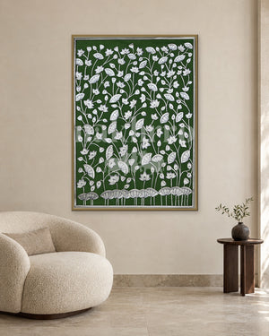 White Lotus Garden on Deep Green — slim-frame room mockup 2 with Nakhrro watermark