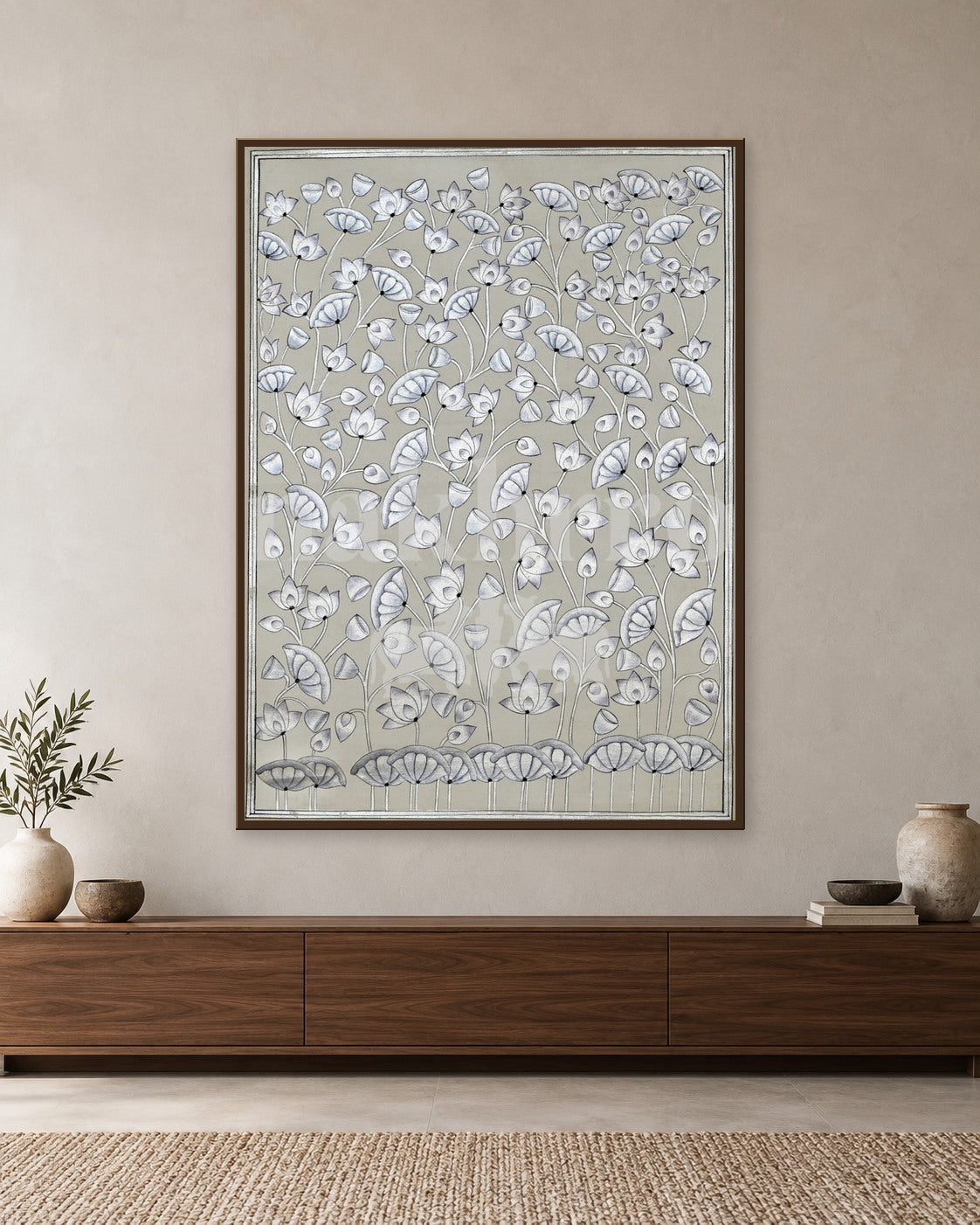 White Lotus Garden on Stone — slim-frame room mockup 1 with Nakhrro watermark