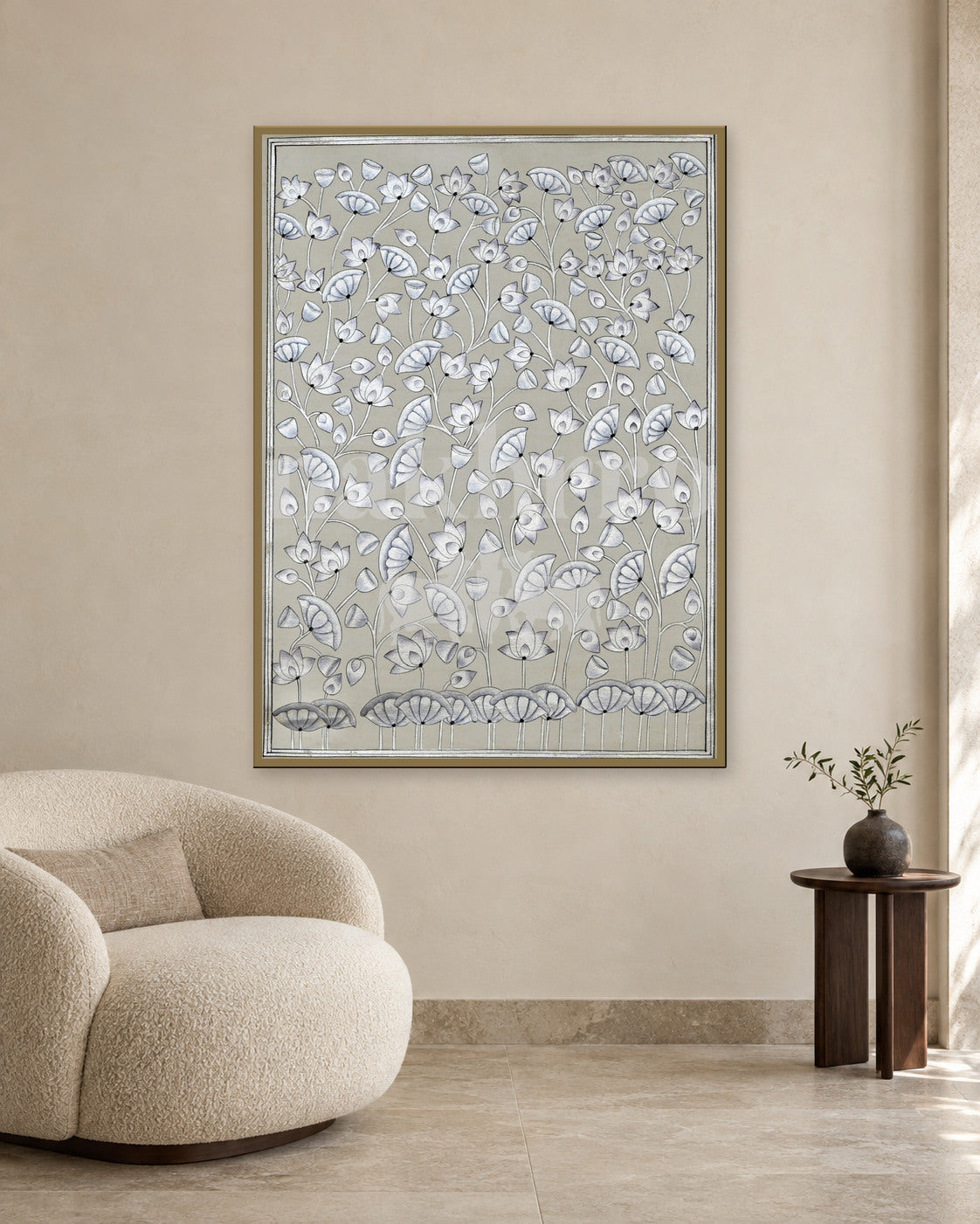 White Lotus Garden on Stone — slim-frame room mockup 2 with Nakhrro watermark