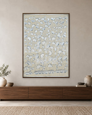 White Lotus Vines on Warm Taupe — slim-frame room mockup 1 with Nakhrro watermark