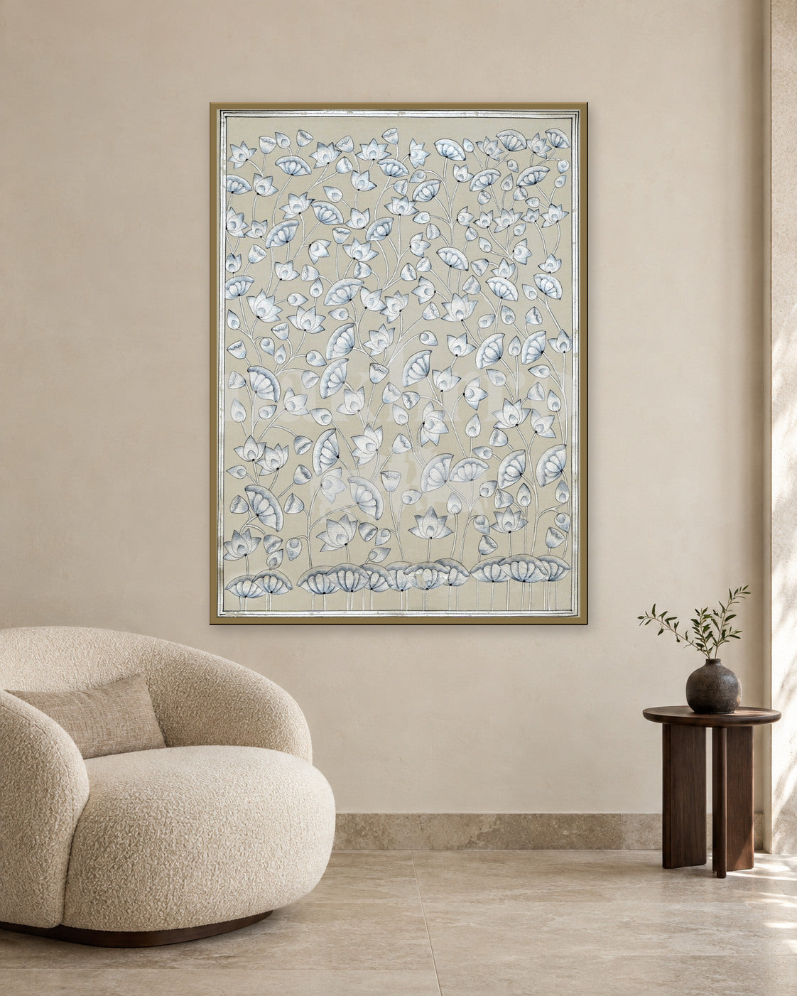 White Lotus Vines on Warm Taupe — slim-frame room mockup 2 with Nakhrro watermark