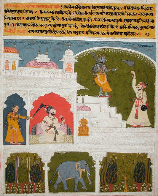 A sequence of figures, arched chambers and small garden scenes unfolds across bright white architecture beneath a dark sky.