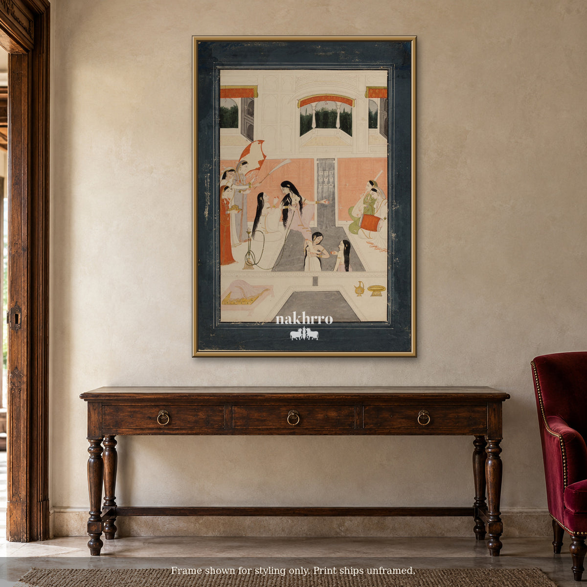 Within the Palace Courtyard — warm foyer framed styling mockup, print ships unframed