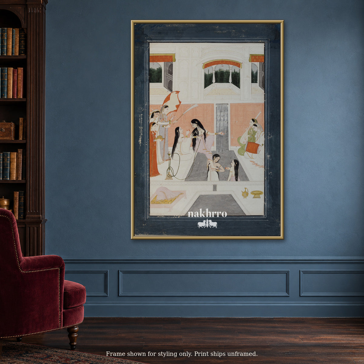 Within the Palace Courtyard — blue reading room framed styling mockup, print ships unframed