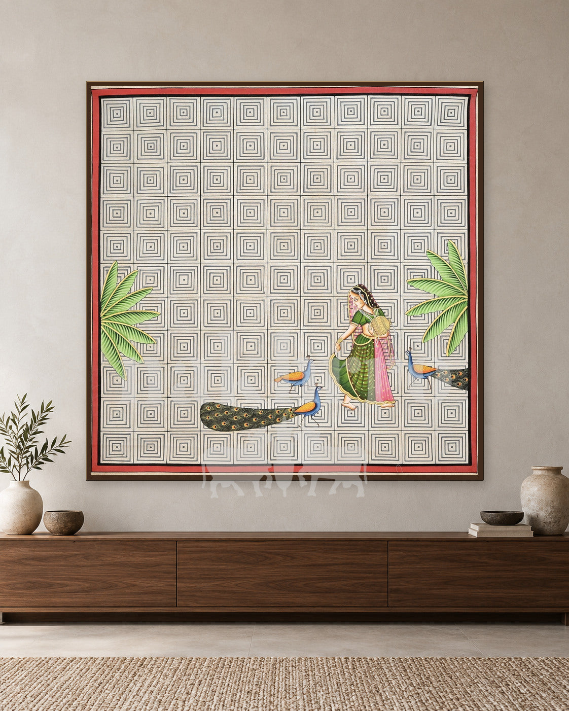 Woman with Peacocks on a Geometric Grid — slim-frame room mockup 1 with Nakhrro watermark
